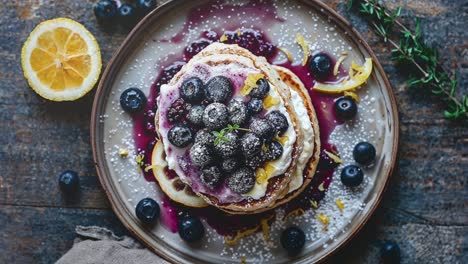 Delicious-Blueberry-Pancakes-with-Lemon-Garnish-on-Rustic-Table