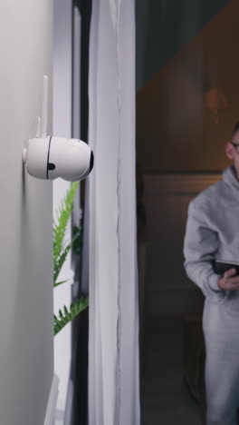 home security camera monitoring indoor space with person