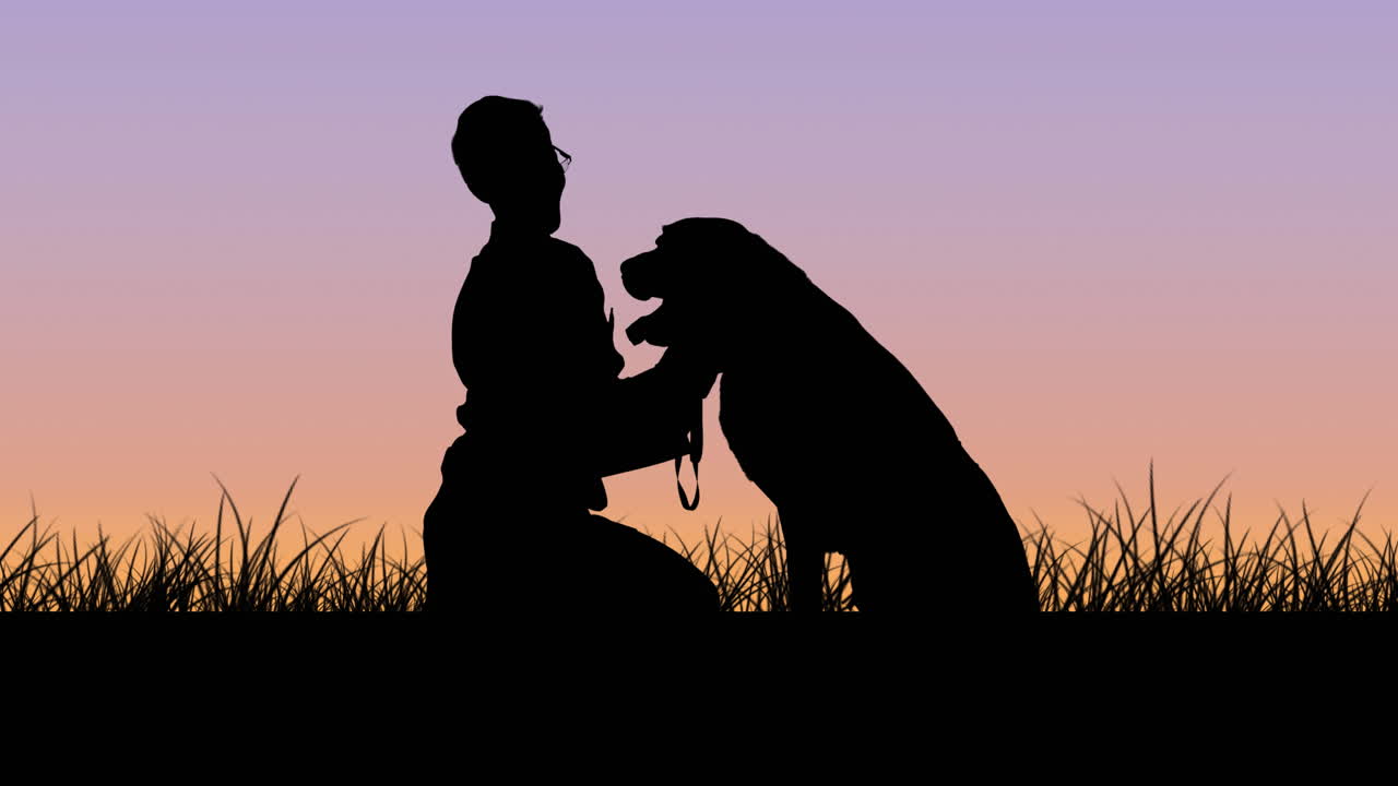 animación de un perro mascota con silueta con el dueño arrodillado en la hierba sobre el cielo al atardecer