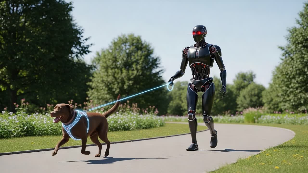 A Futuristic Robot Companion Walking a Dog in a Lush Park, Showcasing Harmony Between Technology and Nature in a Vibrant Outdoor Setting