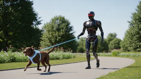 a futuristic robot companion walking a dog in a lush park, showcasing harmony between technology and nature in a vibrant outdoor setting