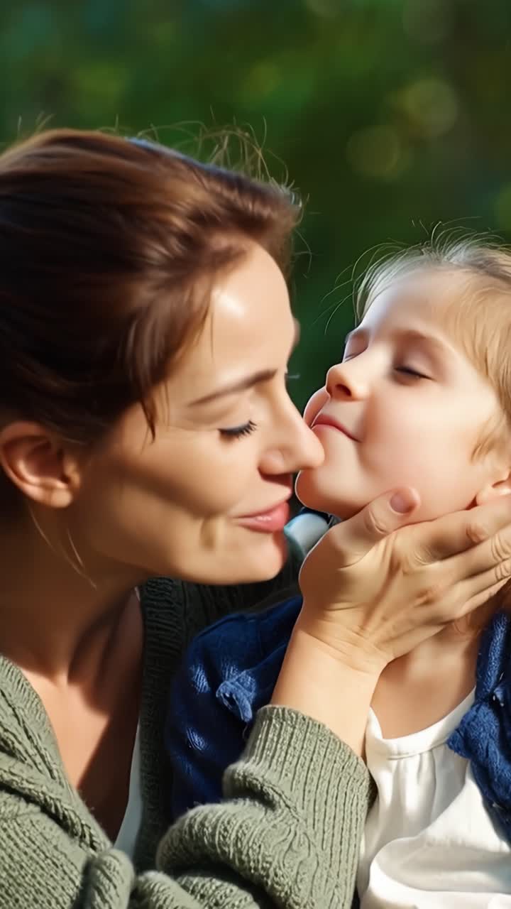 Soft sunlight glows on a mother's face. Her smile shines as a child kisses her cheek. Tender moment holds quiet joy and warmth. Perfect for family, parenting, or childhood themes