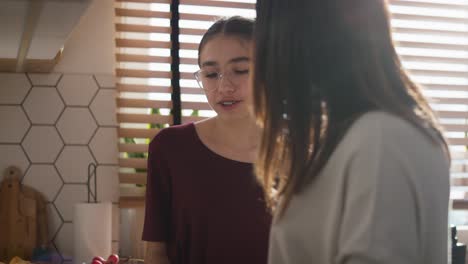 caucasian mom teaching daughter how cook the soup