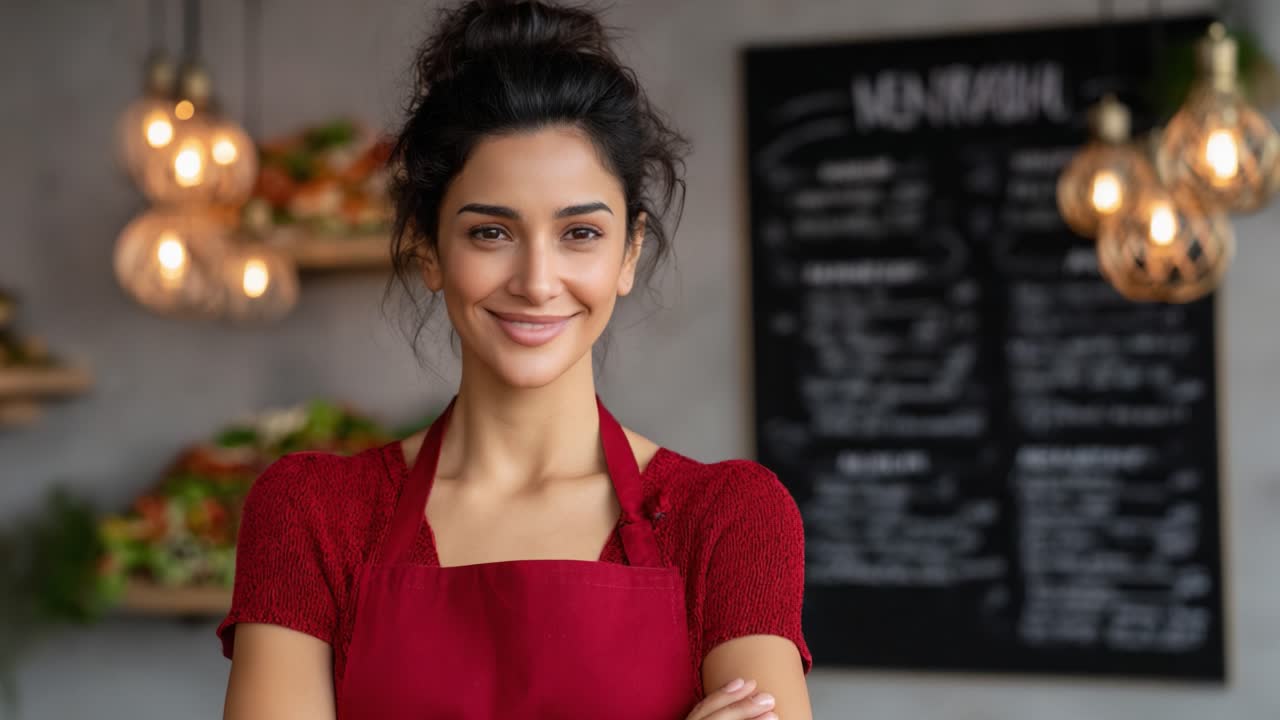 En glad, kvindelig kok poserer selvsikkert i hyggelige restaurantomgivelser og viser sin passion for madlavning og fremragende service med et varmt smil og et stilfuldt forklæde.
