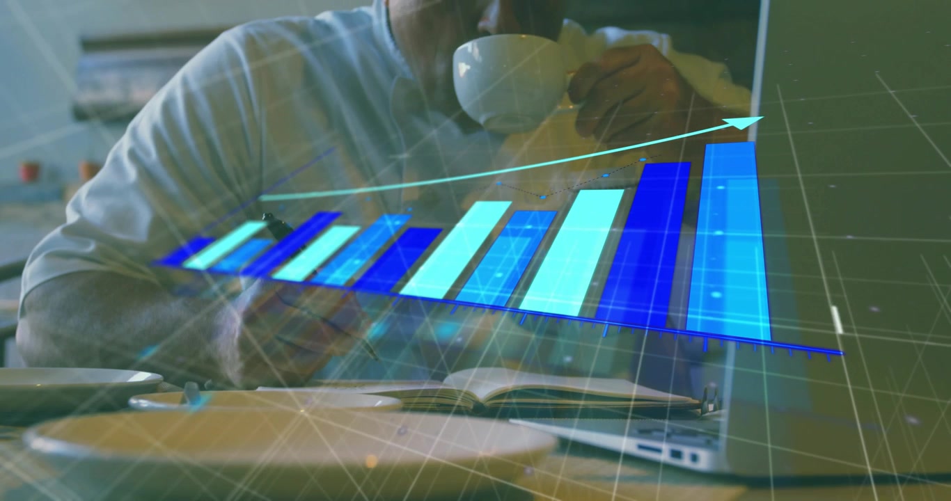 business analyst writing notes analyzing data causing bar chart rising pausing sipping coffee