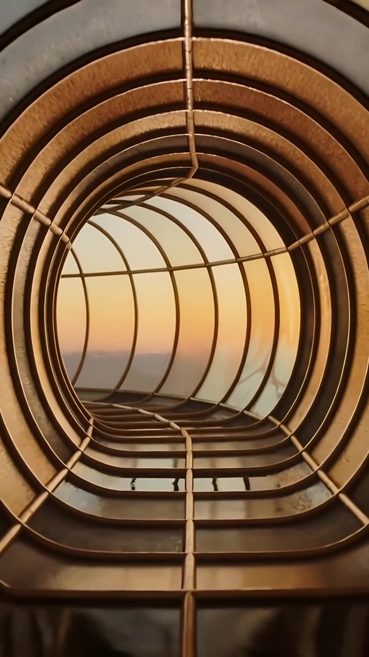 Vertical video: Starting camera moving through cage ribs on roof and ladder rungs, revealing dawn