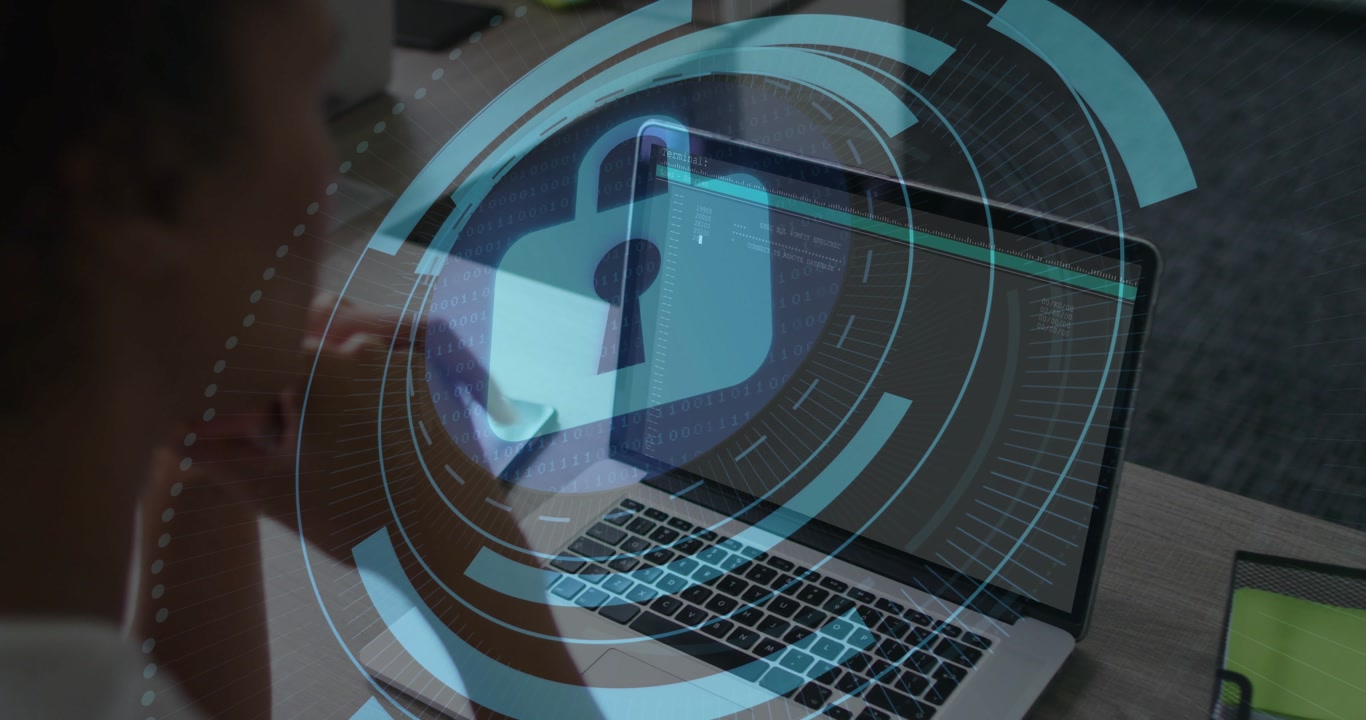 Developer reviewing laptop code fading digital circles converging into padlock reinforcing security