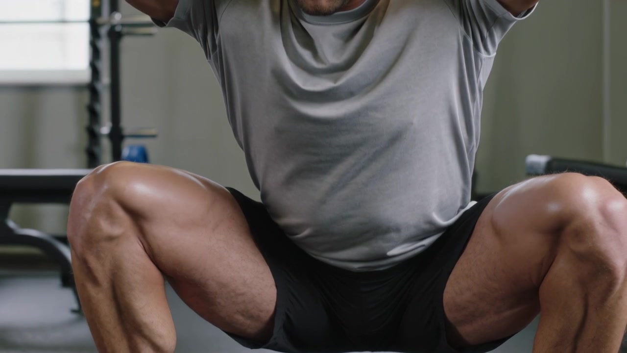 Starting repetition, man grey tee lowering into deep squat at gym for leg strength near rack