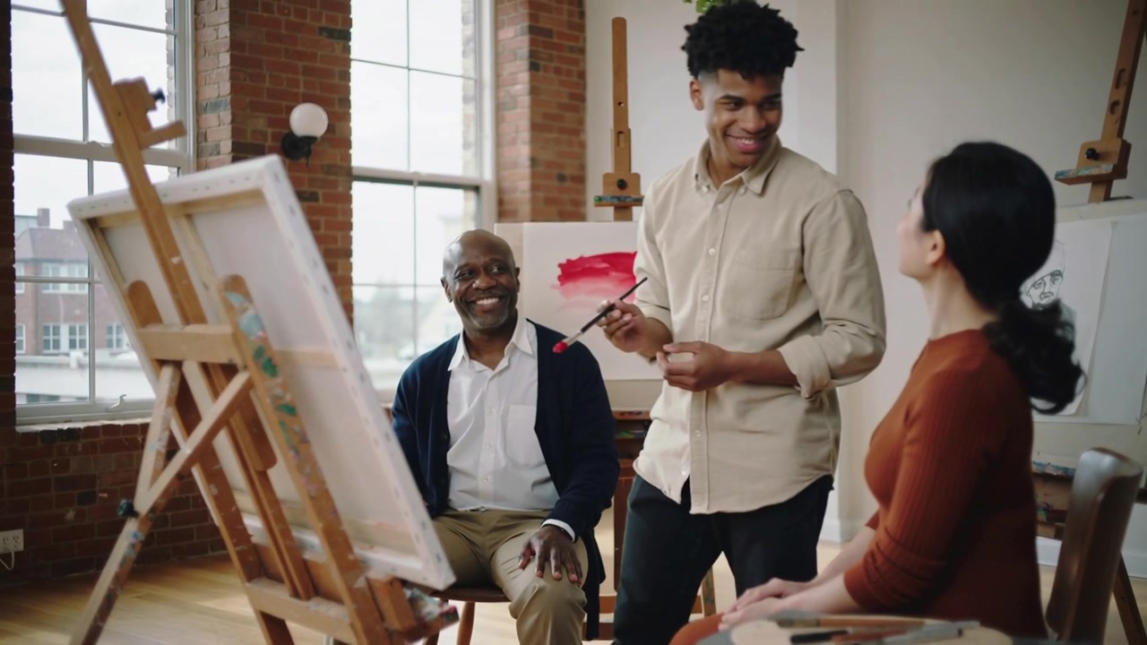 Painting standing painter in beige shirt leaning at easel, making brushstroke and asking feedback
