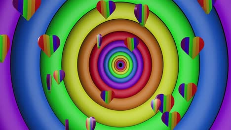 animation of rainbow hearts over rainbow circles and colours moving on seamless loop