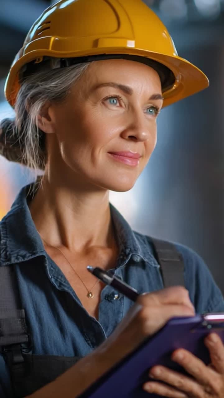 Focused Construction Worker in Safety Gear Taking Notes and Planning on Clipboard at Job Site with Hard Hat, Determined Expression and Professional Attitude