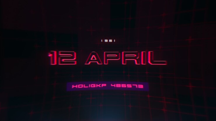 Futuristic neon sign with glowing 12.04.1961 date - a high-tech tribute
