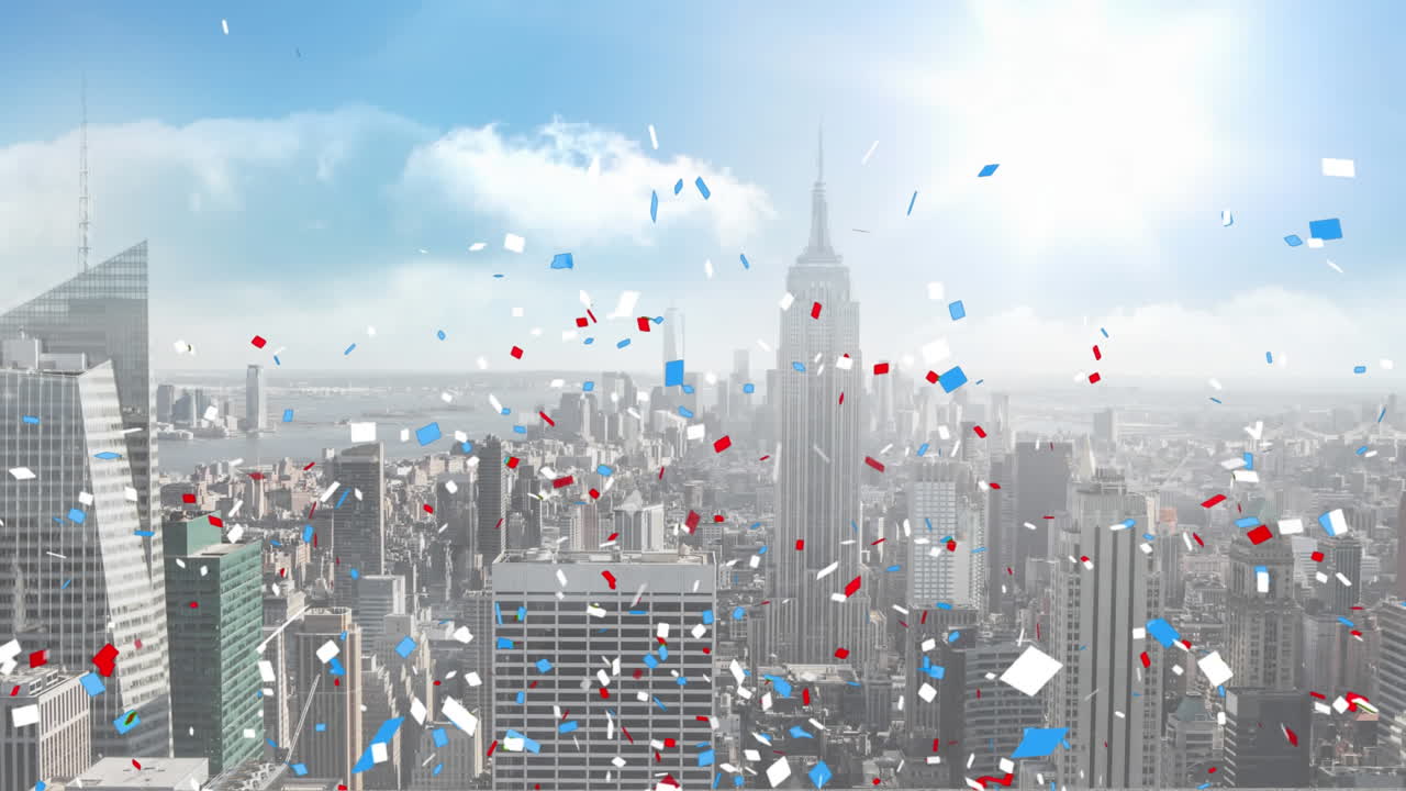 도시 풍경 배경 위에 떨어지는 콘페티의 애니메이션