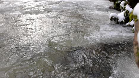 water flowing in the frozen creek, ice backlit