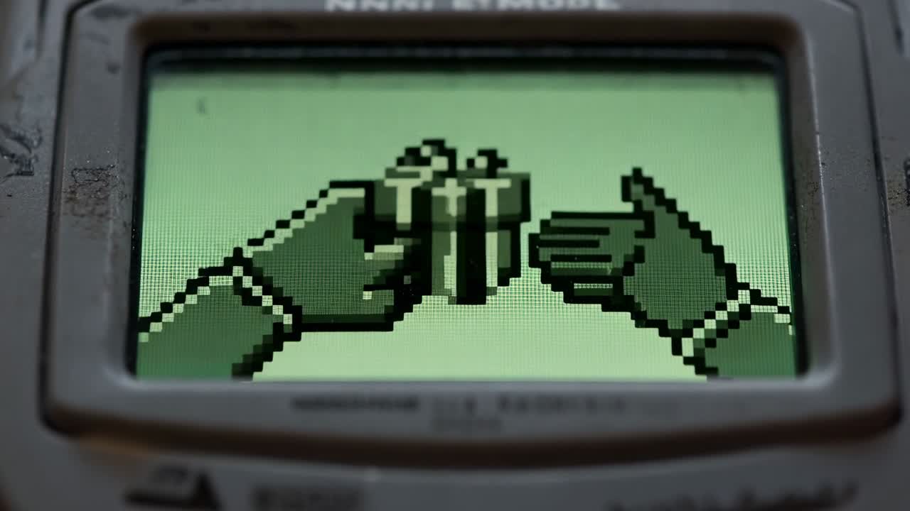 Animazione pixel che mostra delle mani trasferire un regalo confezionato su uno schermo portatile con usura della cornice