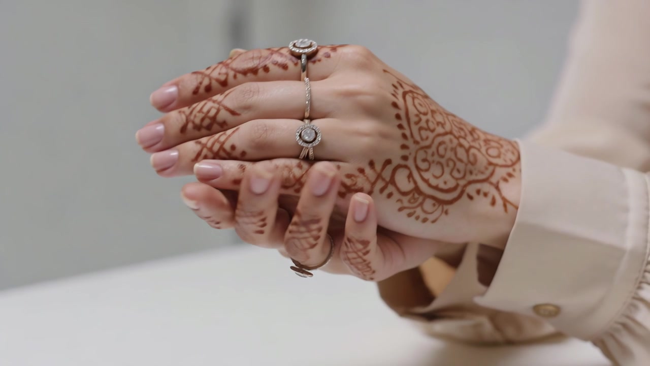 Mani unite all'inizio, donna con henné che ruota, mostrando anelli e un bracciale beige su un tavolo bianco.