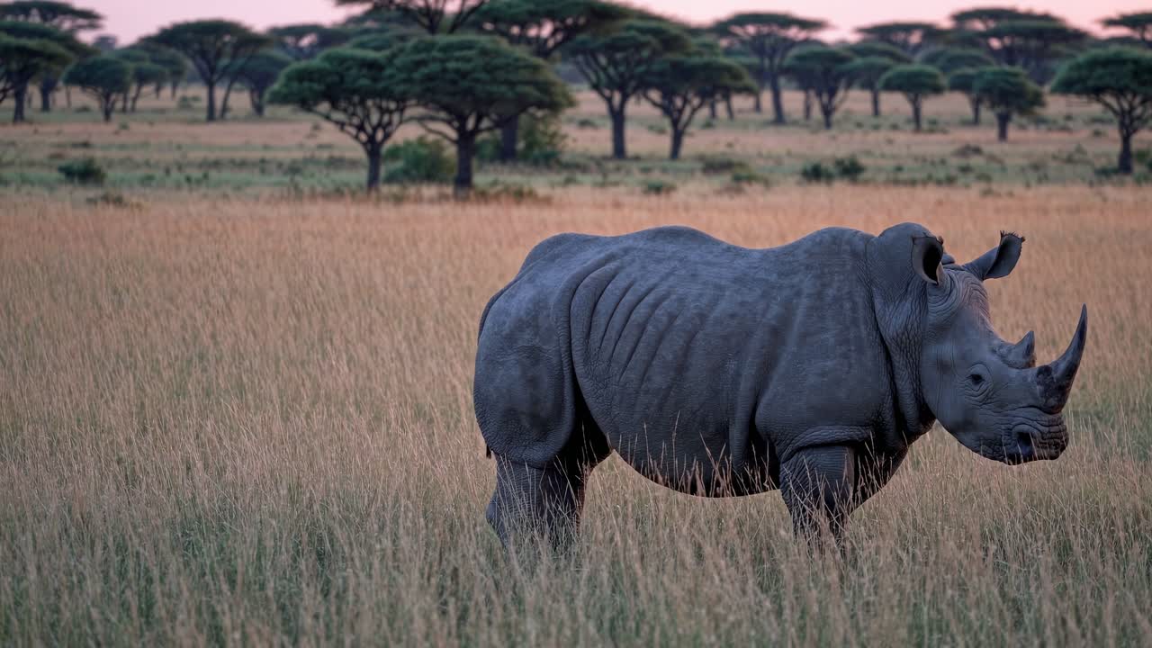 A majestic rhino in tall grass, captured at eye level, showcasing the serene African savanna