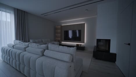 a serene living room transitions from dusk to illuminated comfort as ceiling lights brighten the space, highlighting the stylish sofa and fireplace