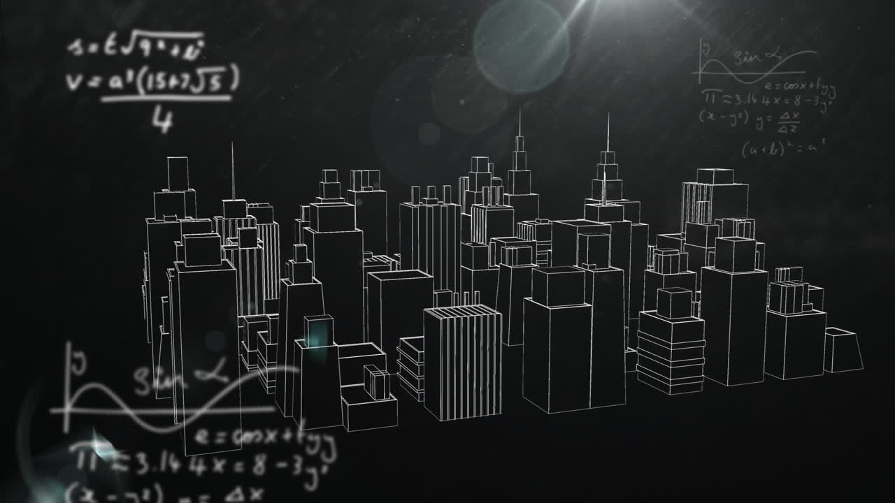 어두운 배경에 있는 와이어프레임 도시 풍경 위의 애니메이션 수학적 방정식