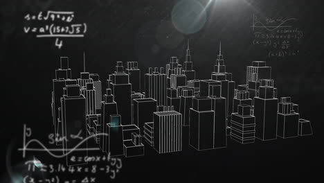 animated mathematical equations over wireframe cityscape on dark background