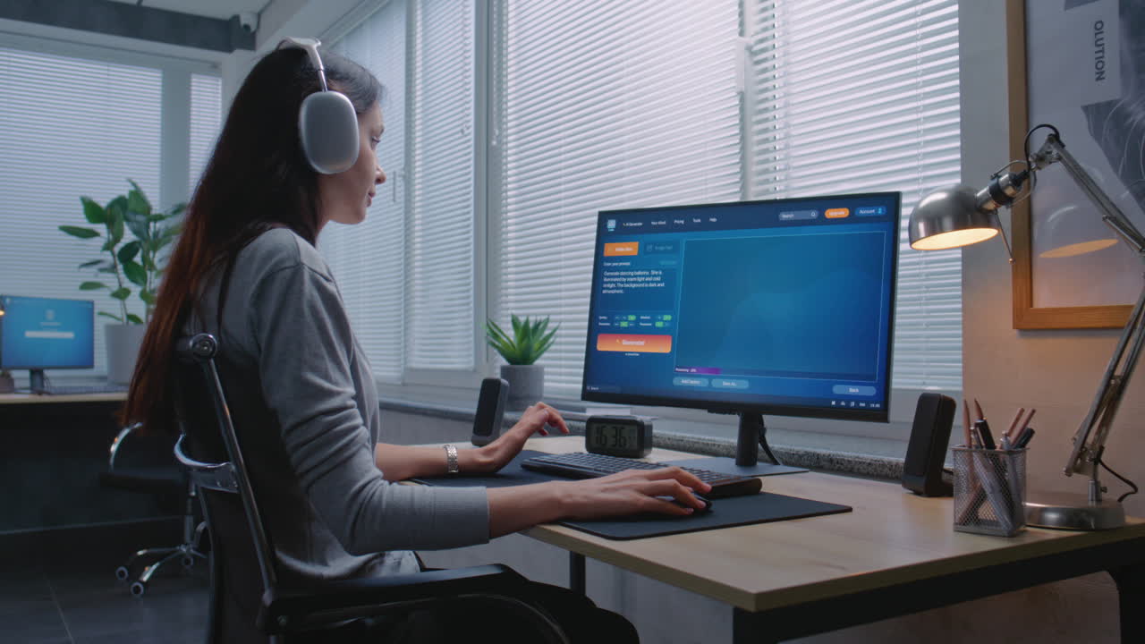 사무실 에서 컴퓨터 를 사용 하는 여자