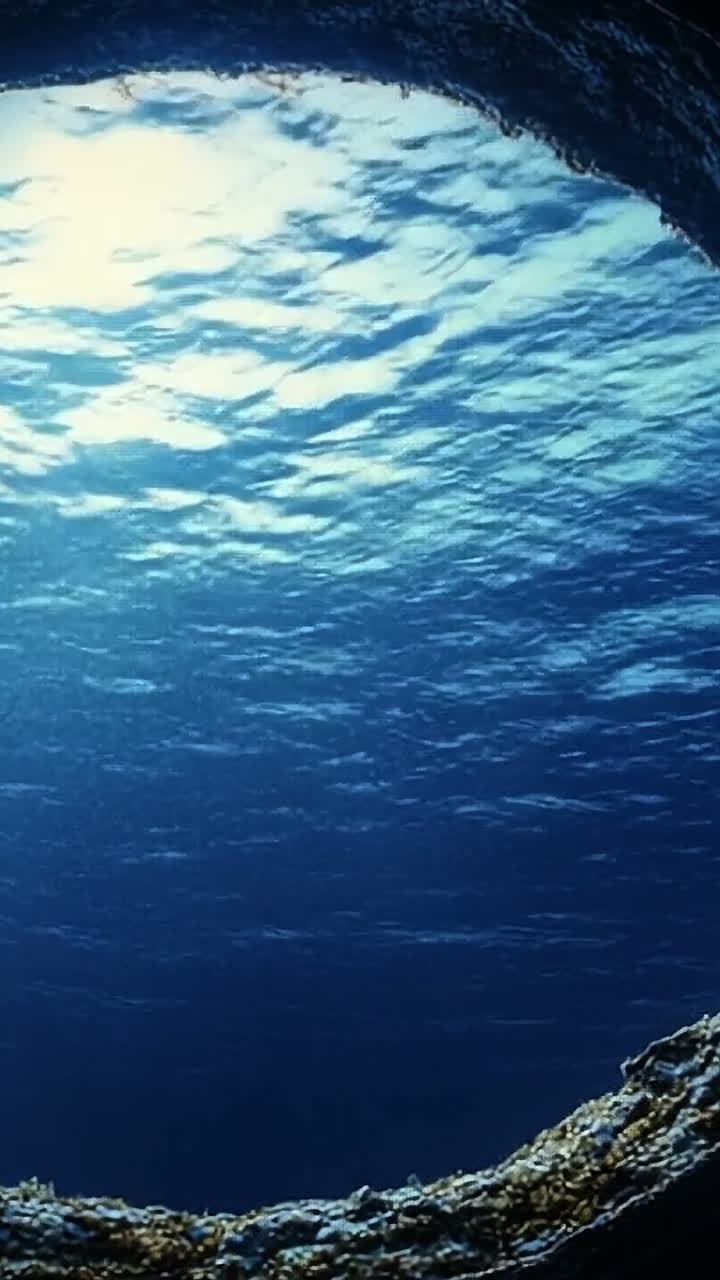 View of underwater world from a cave. Light filters through water above a circular opening, revealing marine life and tranquil blue depths below.
