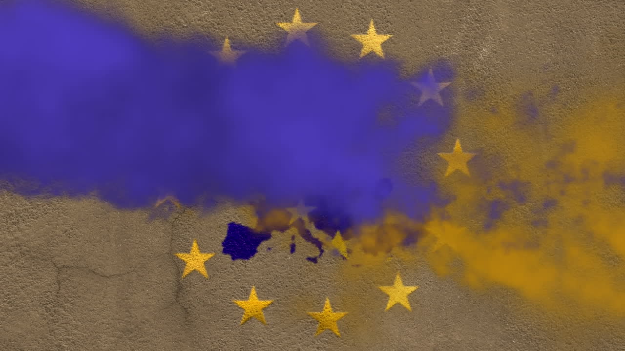 Esplosioni di fumo colorate su stelle gialle rotanti su una mappa dell'UE