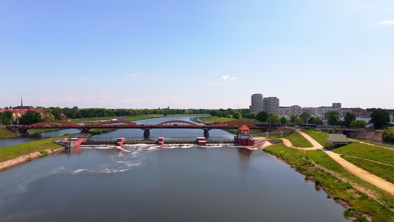 Water Flooding Control, Bridge Traffic, River Odra, Aerial Wide View