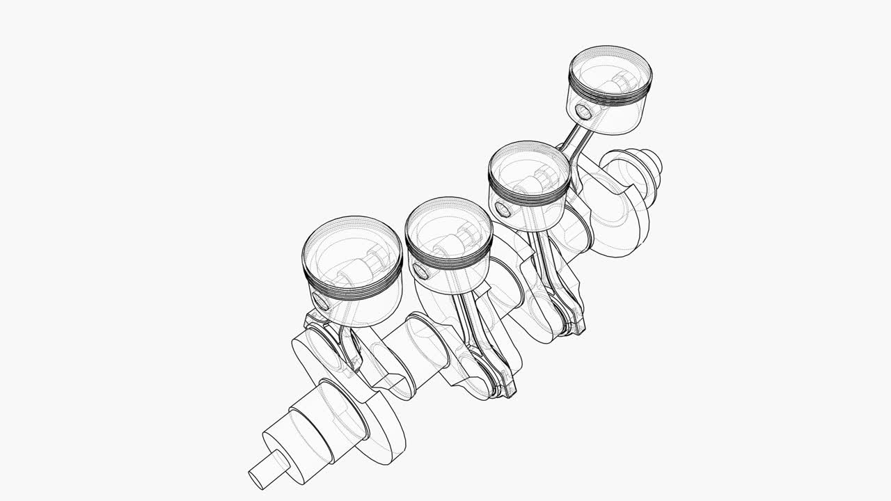 크랭크 샤프트와 4 개의 피스톤의 애니메이션. 와이어 프레임 또는 블루프린트 스타일