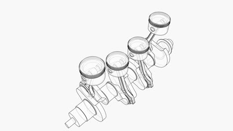 animation of crankshaft and four pistons. wire-frame or blueprint style
