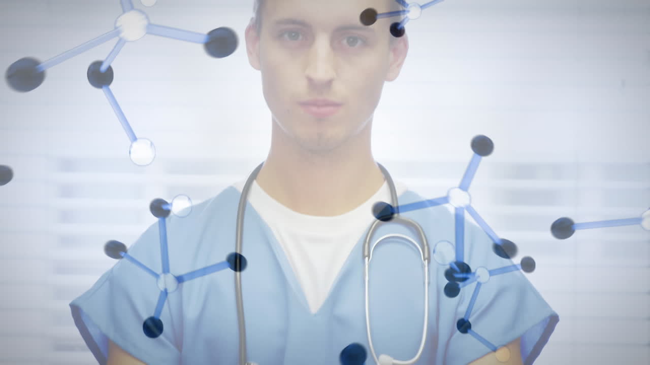 la estructura molecular y el retrato de un trabajador de la salud masculino representan la investigación médica.