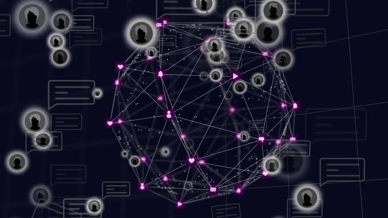 On play start rotating 3D sphere showing drifting icons pulsing links highlighting network growth