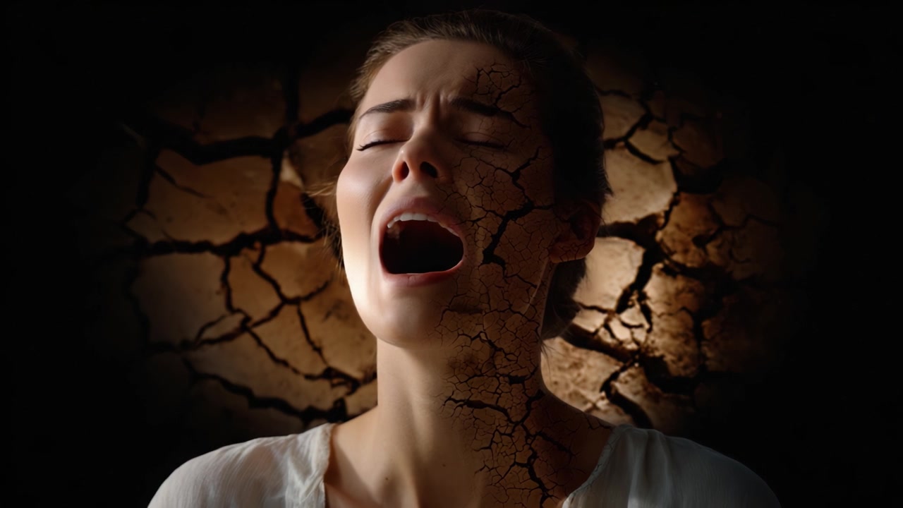 Donna emotivamente angosciata che esprime potentemente dolore e disperazione su uno sfondo crepato, simboleggiando turbamento interiore e lotte.