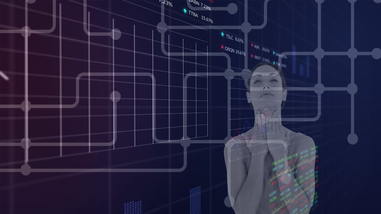 Animation of data processing over caucasian woman