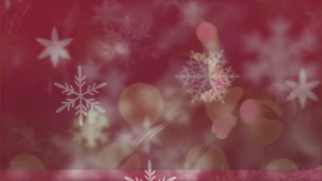 Animation-of-snow-falling-over-blurred-lights-on-red-background