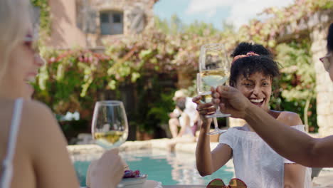 beautiful african american woman drinking wine making toast with friends celebrating on vacation at holiday villa enjoying group of people relaxing outdoors on sunny day 4k