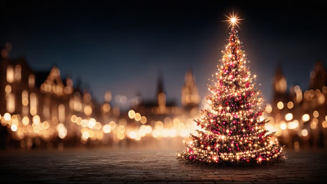 Enchanting Christmas Scene Featuring a Beautifully Decorated Tree with Twinkling Lights and a Festive Atmosphere in a Softly Lit Background