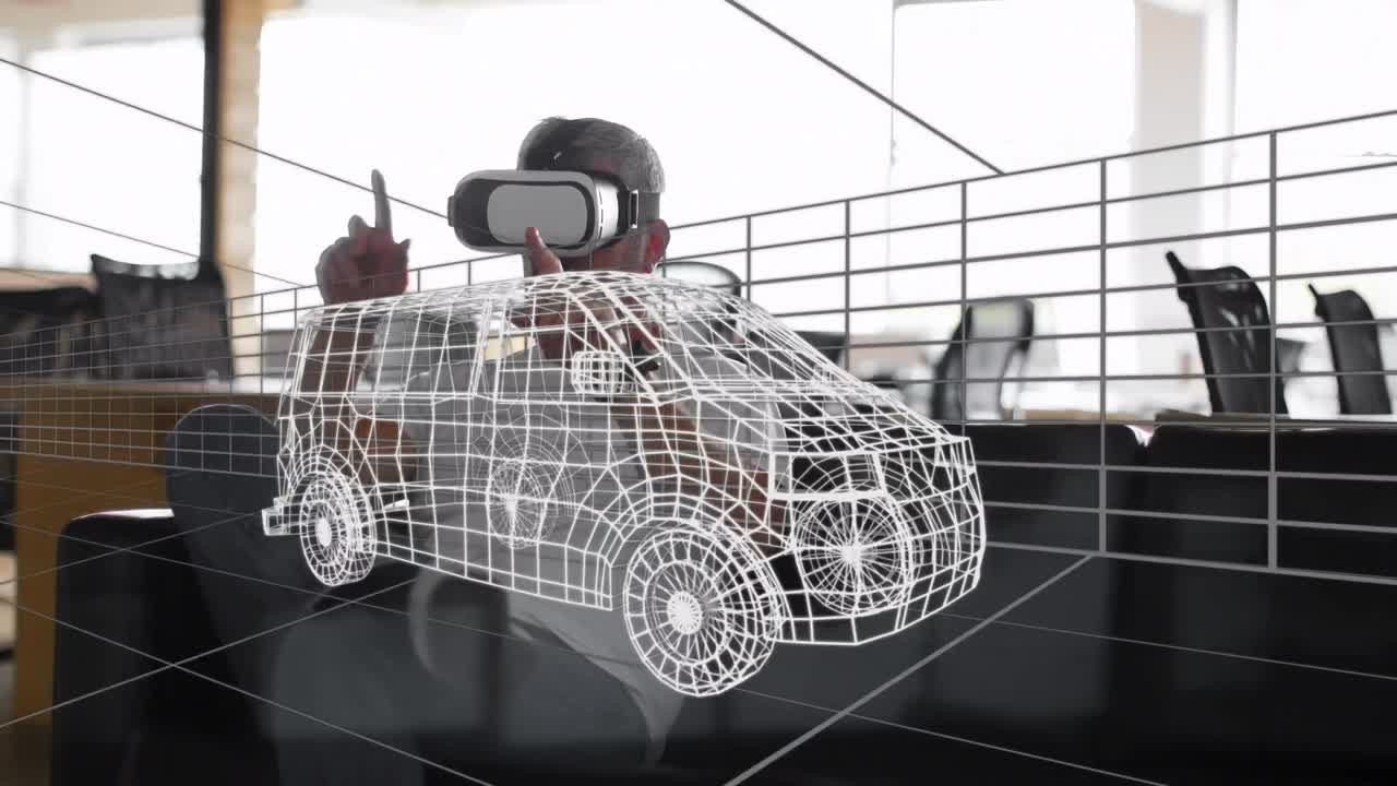 animación de dibujo 3d digital de un coche sobre un hombre usando auriculares vr