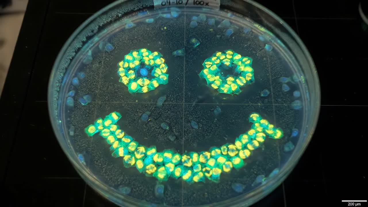 Cellule luminose formano una faccina sorridente in una capsula di Petri
