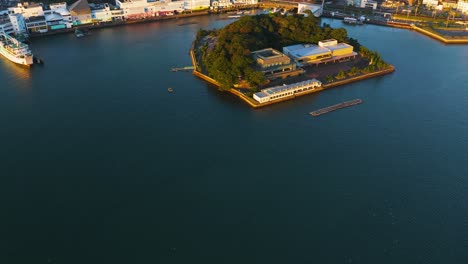 sunrise over toba bay, aerial view looking over mikimoto island