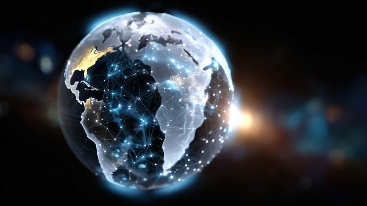 Una visualizzazione straordinaria della Terra circondata da una rete dinamica di luci e connessioni, che illustra l'interconnettività globale e l'era digitale