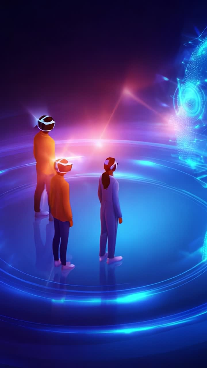 Exploring the Future of Virtual Reality: Three Individuals Engaged with a Digital Avatar in a Stunning Sci-Fi Environment Enhanced by Mesmerizing Visual Effects