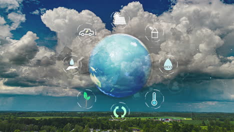 ecological green energy and rotating earth icons against billowing clouds