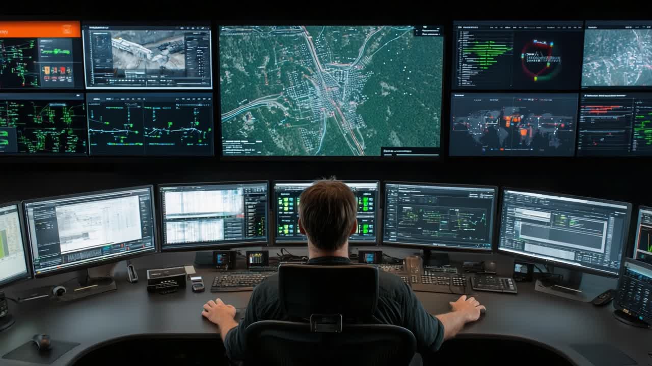 Advanced Control Room Featuring Multiple Monitors Displaying Real-Time Data in a High-Tech Environment with an Operator Analyzing Complex Information Systems