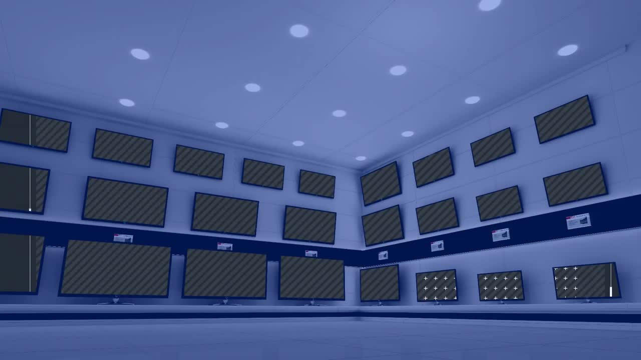 animación de filas de aparatos de televisión en la tienda con pantallas brillantes con espacio de copia