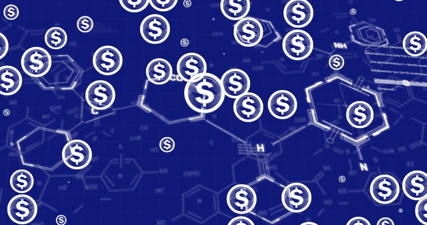 Animazione di elaborazione dati e simboli del dollaro su sfondo blu.