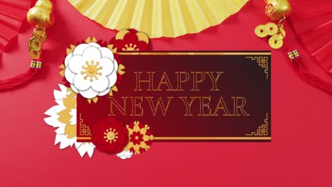 animation of new year greetings text over chinese traditional decorations on red background