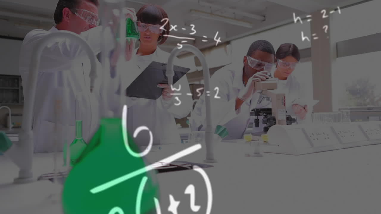 ecuaciones matemáticas flotantes contra un grupo de trabajadores de la salud que trabajan en el laboratorio