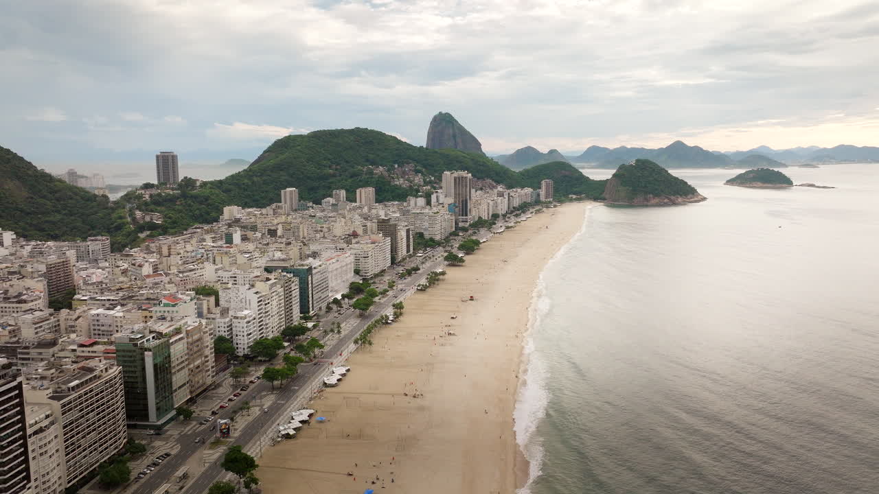 Arcing aerial view of world famous Copacabana beach in Rio de Janeiro, Brazil
