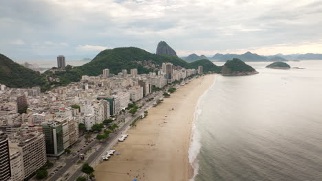 arcing aerial view of world famous copacabana beach in rio de janeiro, brazil
